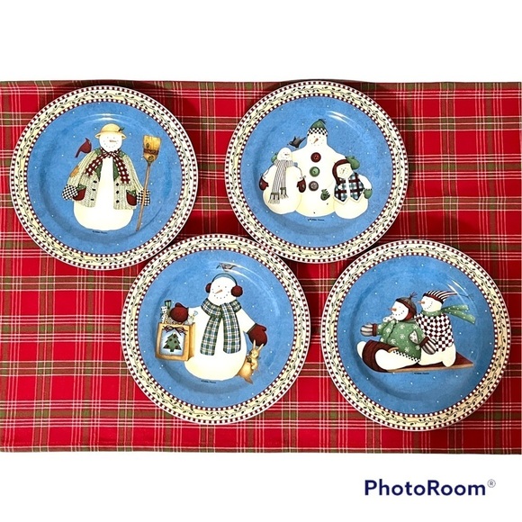 Vintage Jolly Snowman by Debbie Mumm Salad Dessert Plates Set of 4 - 8 1/4 - Picture 1 of 9